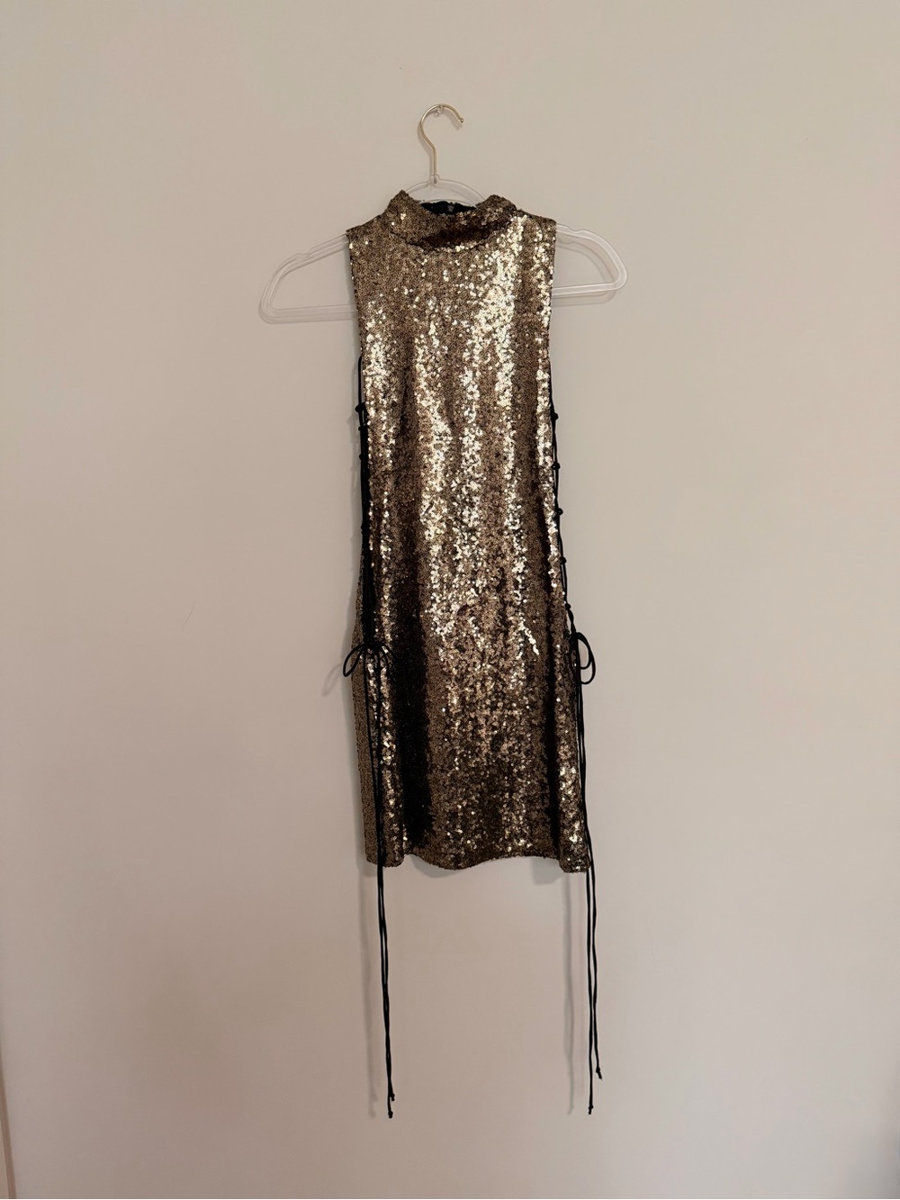 Sleeveless Gold Sequin Mini Dress with side lace-up